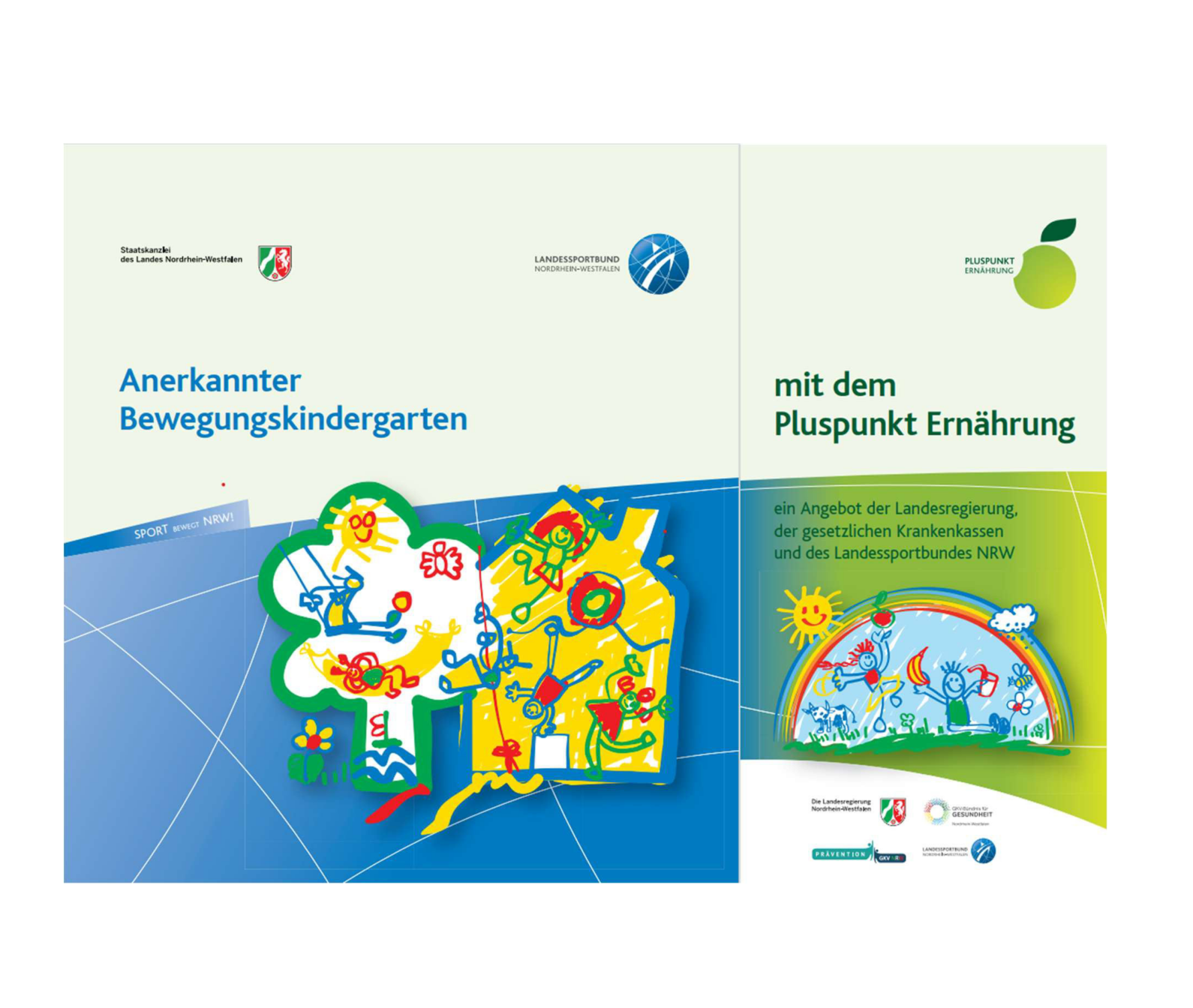 Grafik zum anerkannten Bewegungskindergarten mit dem Pluspunkt Ernährung in NRW. Zu sehen sind bunte Zeichnungen von spielenden und sich bewegenden Kindern sowie Programmlogos.